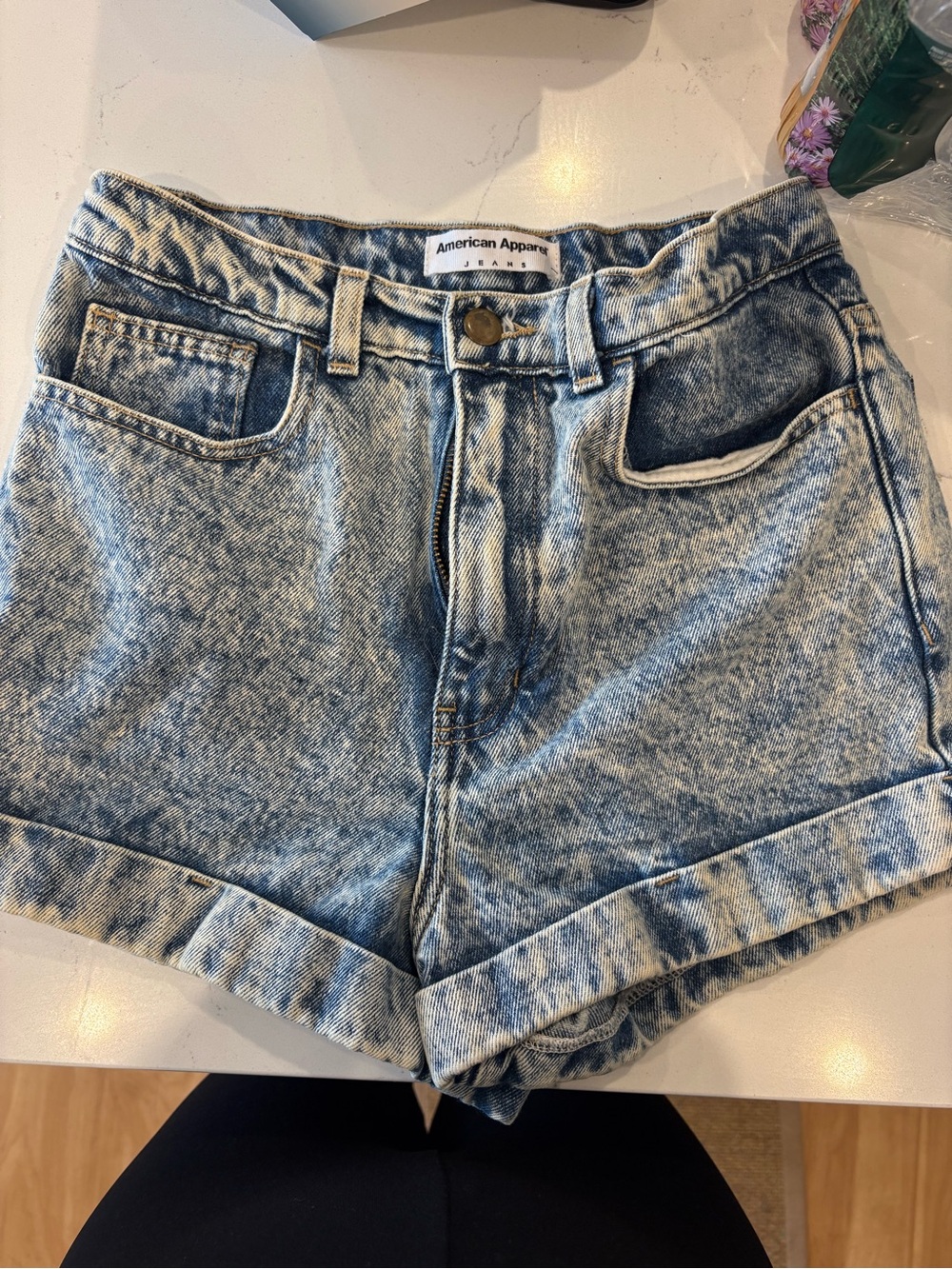 American Apparel Light Blue Acid-Wash High-Rise Jean Shorts